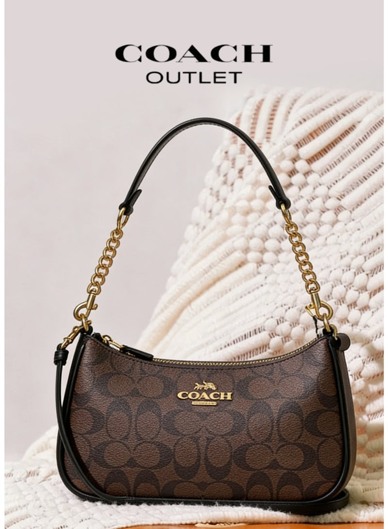 coachoutlet Coach Teri Shoulder Bag for Women, Signature Coated Canvas with Black Leather Trim & Gold Chain Strap, Luxury Designer Crossbody Handbag - Image 1