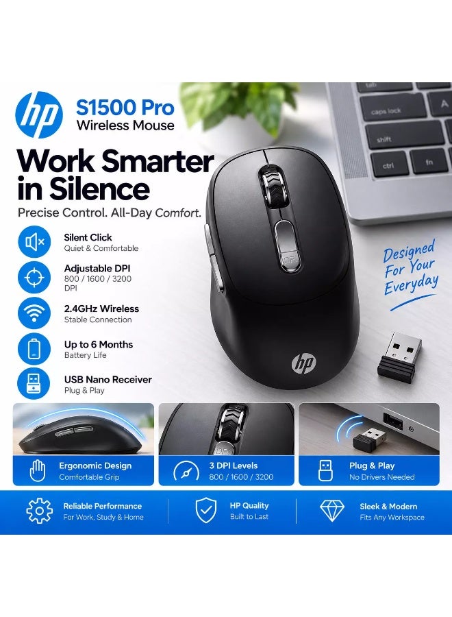 HP S1500 Pro Wireless Silent Mouse – 2.4GHz, 800/1600/3200 DPI, Ergonomic Design, USB Nano Receiver, Up to 6 Months Battery, Black black - Image 5
