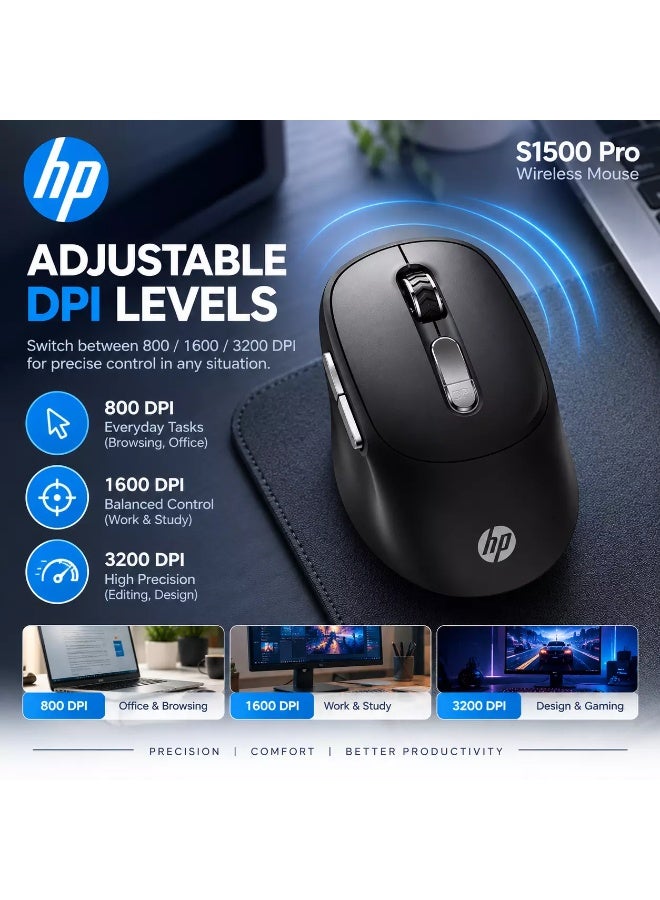 HP S1500 Pro Wireless Silent Mouse – 2.4GHz, 800/1600/3200 DPI, Ergonomic Design, USB Nano Receiver, Up to 6 Months Battery, Black black - Image 2
