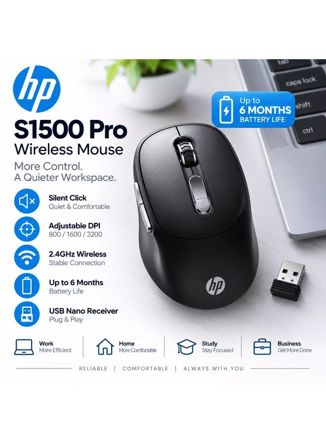HP S1500 Pro Wireless Silent Mouse – 2.4GHz, 800/1600/3200 DPI, Ergonomic Design, USB Nano Receiver, Up to 6 Months Battery, Black black - Image 4