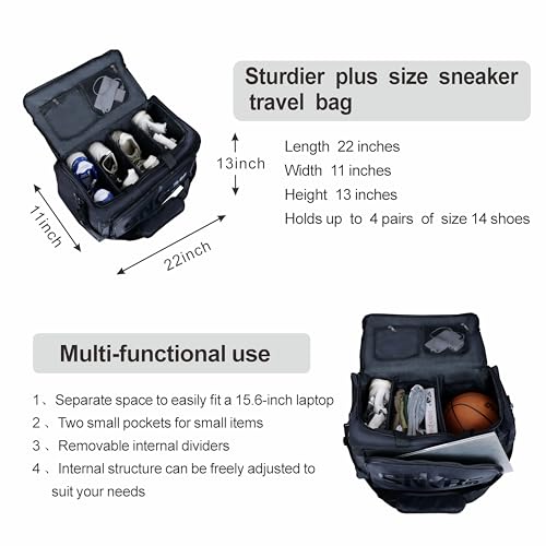 NNBDBVDHS Shoe Bags for Travel Sneaker Travel Bag Shoes Duffel Bags Waterproof Gym Sports Luggage Sneakerhead Bag for Men with 3 Adjustable Dividers fit 4 Pairs Heavy Duty Travel Accessories(black) - Image 5