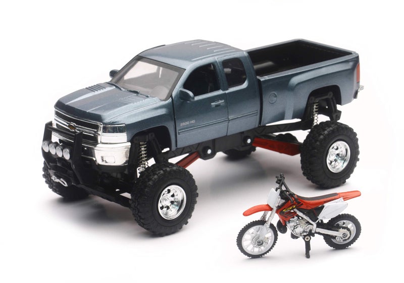 NewRay New-Ray Chevrolet 4x4 Gray Silverado Pickup Truck w/Working Suspension and Honda Dirt Bike - Image 1