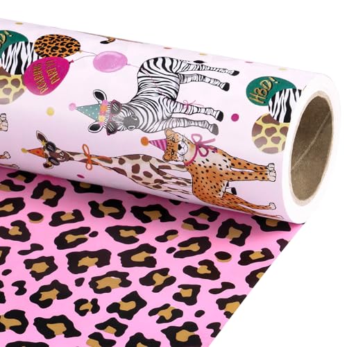 RUSPEPA Reversible Birthday Wrapping Paper Roll Mini Roll Safari Animals Party Design Pink Leopard Print Gift Wrap for Girls Birthday Party Baby Shower 17 Inches x 164 Feet - Image 1