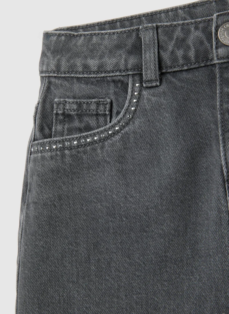 او في اس GIRLS' PURE COTTON GREY SKIRT WITH RHINESTONES