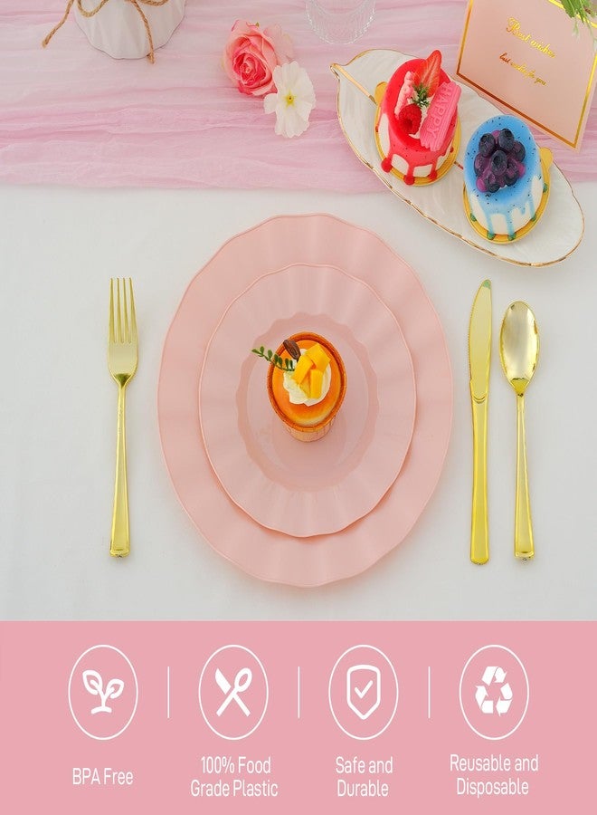 ISFANGCO 60Pcs Premium Pink Plates Disposable, Fancy Plastic Disposable Plate, Elegant Wedding Plates Set include 30 10" Dinner & 30 7" Dessert Plates for Party Wedding(30Guests) - Image 3