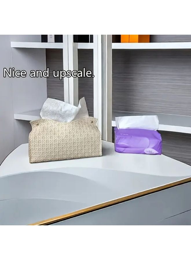 غطاء صندوق المناديل من خوص أبيض منظّم مكتبي مستطيل متعدد الوظائف بنمط ماسي - Image 5