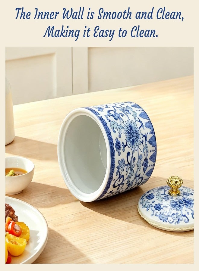 MOASIOP Vintage Blue and White Salt Cellar with Lid - Airtight Ceramic Spice Jar, Kitchen Countertop Storage Container for Salt, Pepper & Seasonings - Image 5