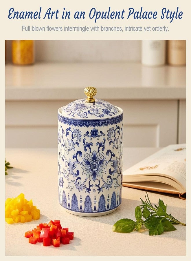 MOASIOP Vintage Blue and White Salt Cellar with Lid - Airtight Ceramic Spice Jar, Kitchen Countertop Storage Container for Salt, Pepper & Seasonings - Image 3