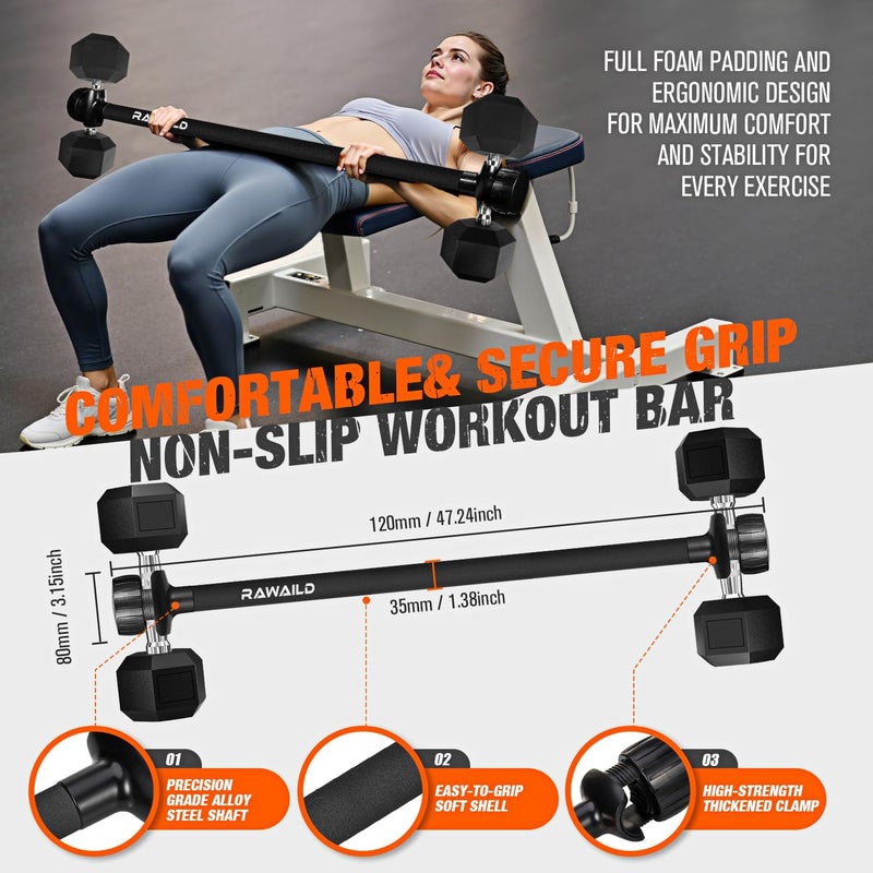 Rawaild Dumbbell to Barbell Converter Bar - Adjustable Weight Bar for Home Gym, Converts Dumbbells to Barbell Set, 300lbs Capacity, Anti-Slip Foam Grip, Compatible with Standard Dumbbells - Image 5