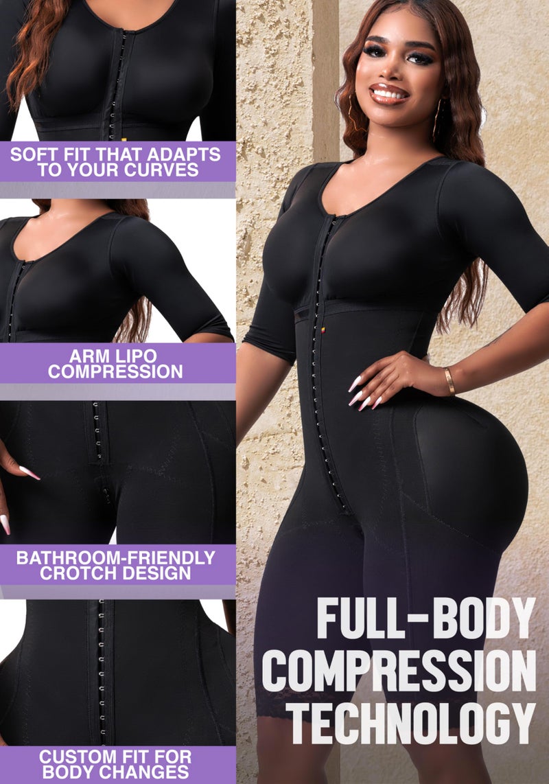 Snatched Body Fajas Colombianas | Full Body Faja Shapewear for Women with Sleeves | Stage 1 Faja Post Surgery BBL & Lipo 361 Black M - Image 4