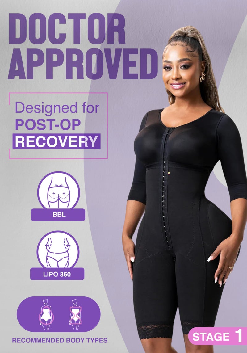 Snatched Body Fajas Colombianas | Full Body Faja Shapewear for Women with Sleeves | Stage 1 Faja Post Surgery BBL & Lipo 361 Black M - Image 2