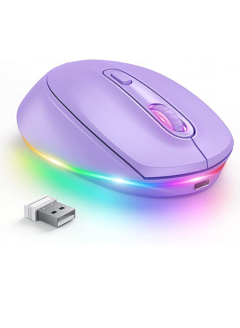 Wireless Mouse, Portable Rechargeable Light Up Mouse, Comfortable Grip Ultra Quiet Mouse, Small Cordless Gaming Mouse With LED Rainbow Lights For Computer Laptop, (1pc, Purple) - Image 1