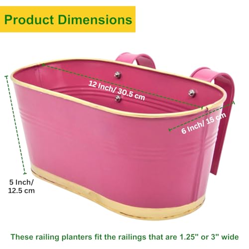 ecofynd 12 Inches Aurelia Railing Planters for Balcony, Hanging Pots for Plants, Wall Hanging Decorative Planters for Vertical Garden, Oval,12 inches Pack of 1 (Pink) - Image 2