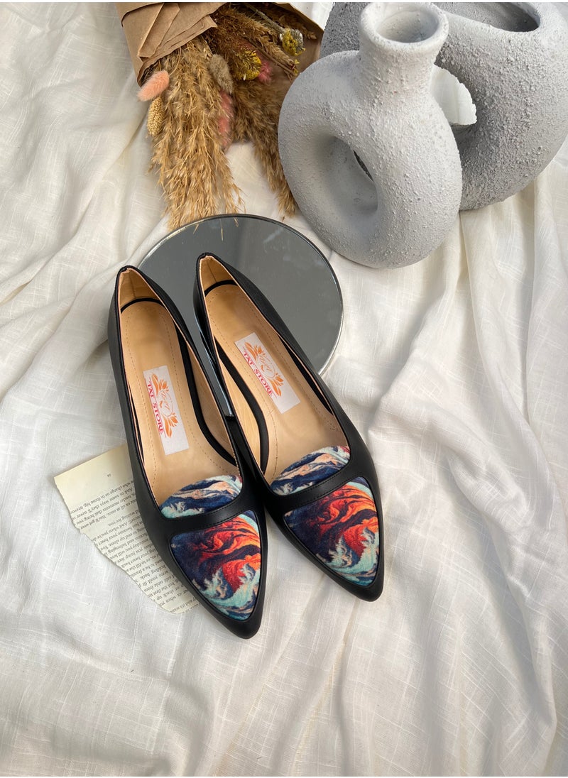 Tat Ballerina Flat Leather with Printed Fabric Part - black  - Image 1