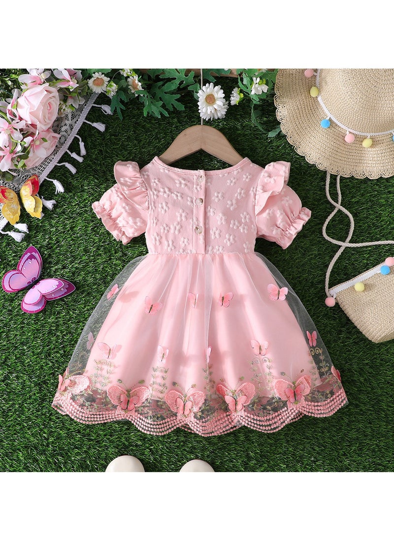 Pink Princess Dress with 3D Butterfly Accents, Puff Sleeves & Tulle Skirt for Girls 2–3Y – Perfect for Birthdays, Eid Celebrations, Mall Trips & Garden Adventures  - Image 2