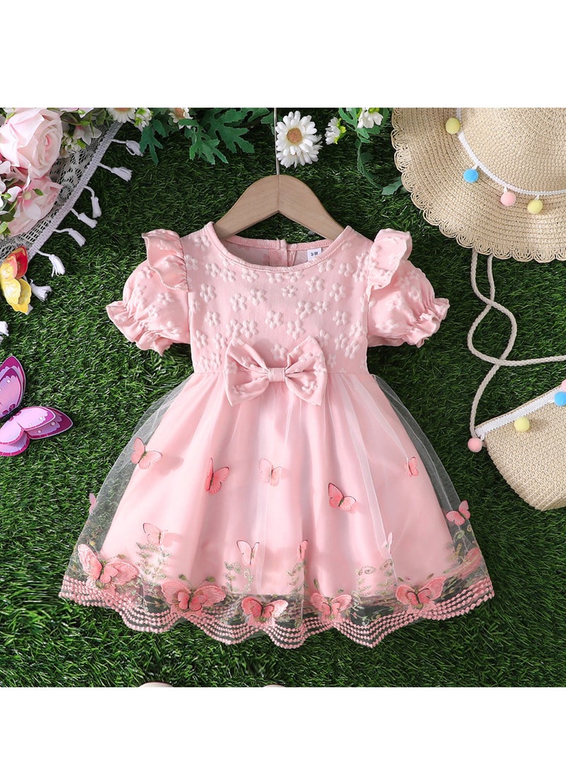 Pink Princess Dress with 3D Butterfly Accents, Puff Sleeves & Tulle Skirt for Girls 2–3Y – Perfect for Birthdays, Eid Celebrations, Mall Trips & Garden Adventures  - Image 1