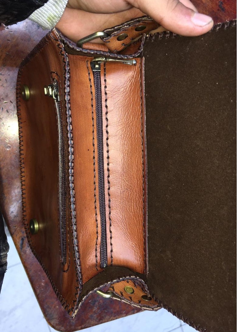 Genuine leather cross bag, handmade, laser engraved (medium size) 3 zippers, one inside, one back and one front Shiny thread Velvet lining Belt handle (Distinctive and unique hand-made work for special people)  - Image 3