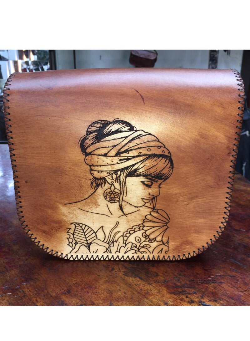 Genuine leather cross bag, handmade, laser engraved (medium size) 3 zippers, one inside, one back and one front Shiny thread Velvet lining Belt handle (Distinctive and unique hand-made work for special people)  - Image 1
