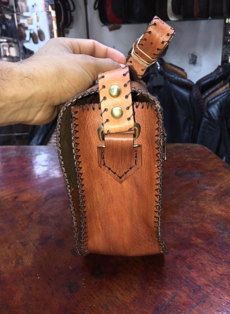 Genuine leather cross bag, handmade, laser engraved (medium size) 3 zippers, one inside, one back and one front Shiny thread Velvet lining Belt handle (Distinctive and unique hand-made work for special people)  - Image 4