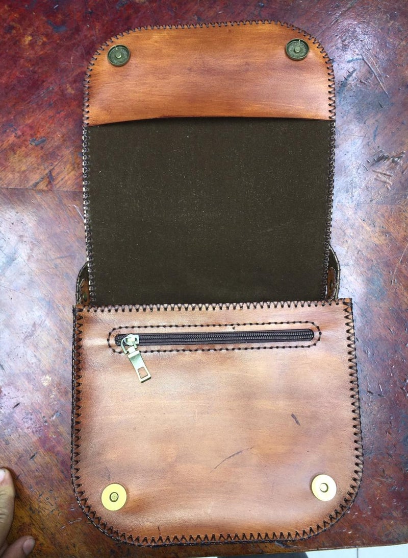 Genuine leather cross bag, handmade, laser engraved (medium size) 3 zippers, one inside, one back and one front Shiny thread Velvet lining Belt handle (Distinctive and unique hand-made work for special people)  - Image 2
