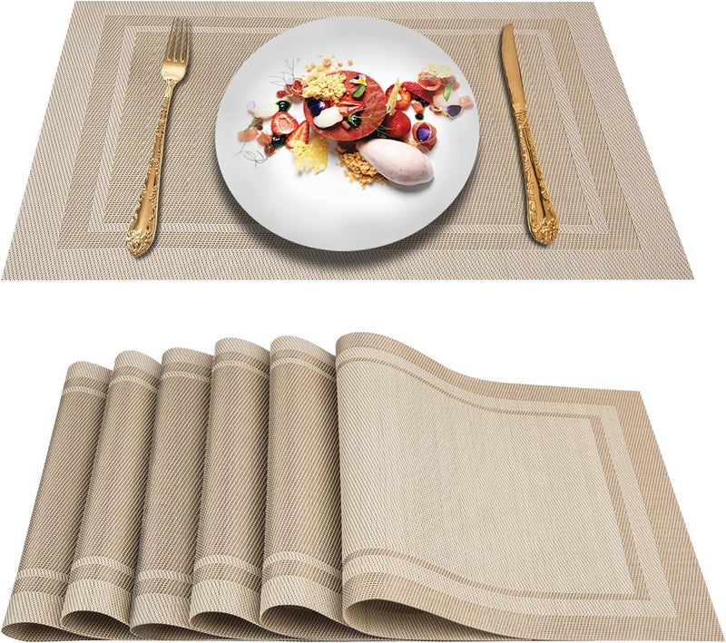 DACHUI Placemats Set of 6 Linen Look Woven Place Mats Water Resistant Heat Resistant Washable Durable Table Mats Beige