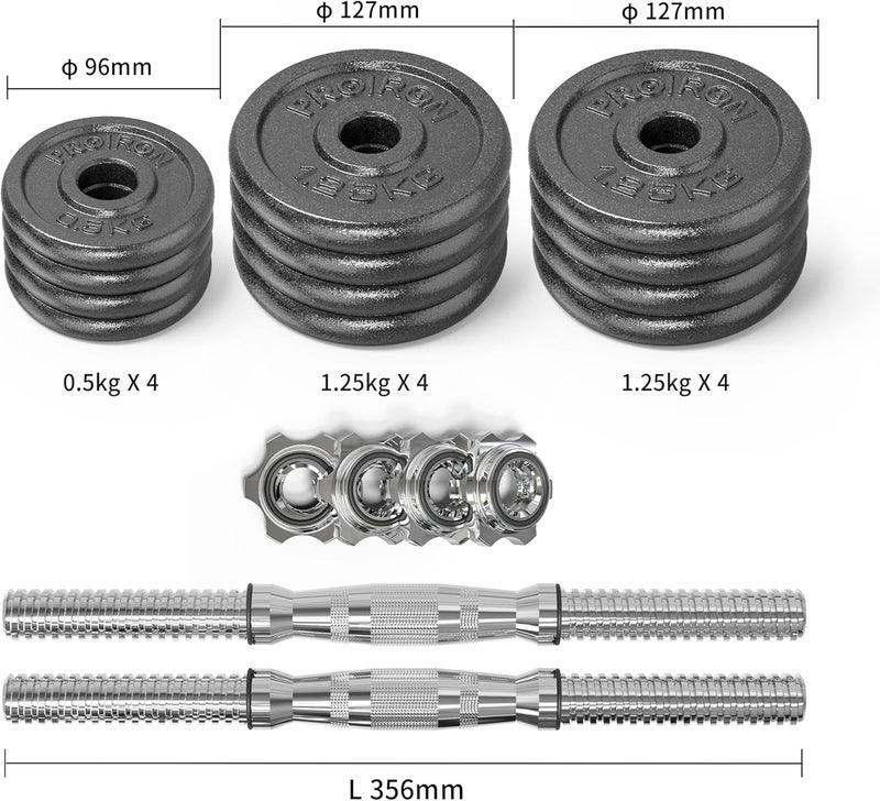 PROIRON 15kg Cast Iron Adjustable Dumbbell Set Hand Weight with Solid Dumbbell Handles - Image 2