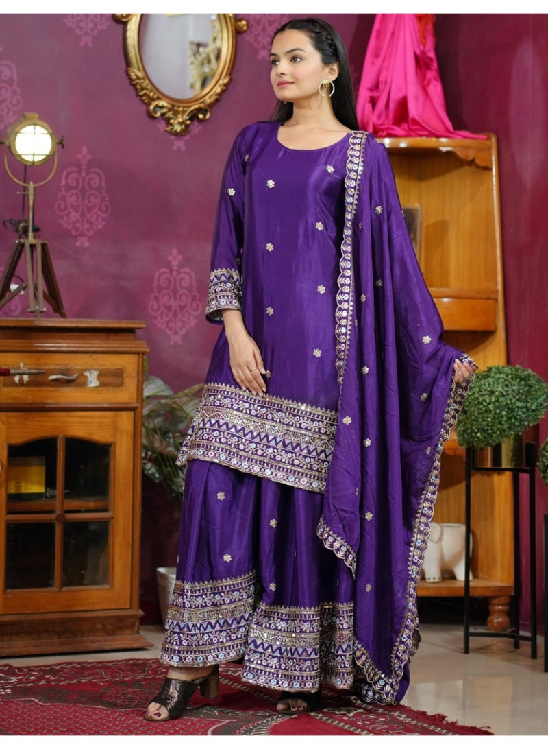 Super Asian Designer Embroidered Sharara Suit with Heavy Sequence Dupatta – Fully Stitched - Image 1