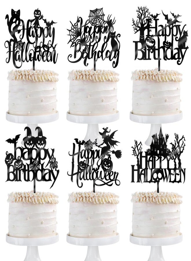 Qertesl 6PCS Acrylic Halloween Cake Topper, Halloween Birthday Cake Decorations, Creepy With Bat, Pumpkin, Ghost, Witch, Spider Web, Cat Picks for Helloween Party Decorations, Ghost Happy Booday Cake Supplies - Image 2