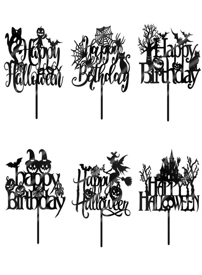 Qertesl 6PCS Acrylic Halloween Cake Topper, Halloween Birthday Cake Decorations, Creepy With Bat, Pumpkin, Ghost, Witch, Spider Web, Cat Picks for Helloween Party Decorations, Ghost Happy Booday Cake Supplies - Image 1