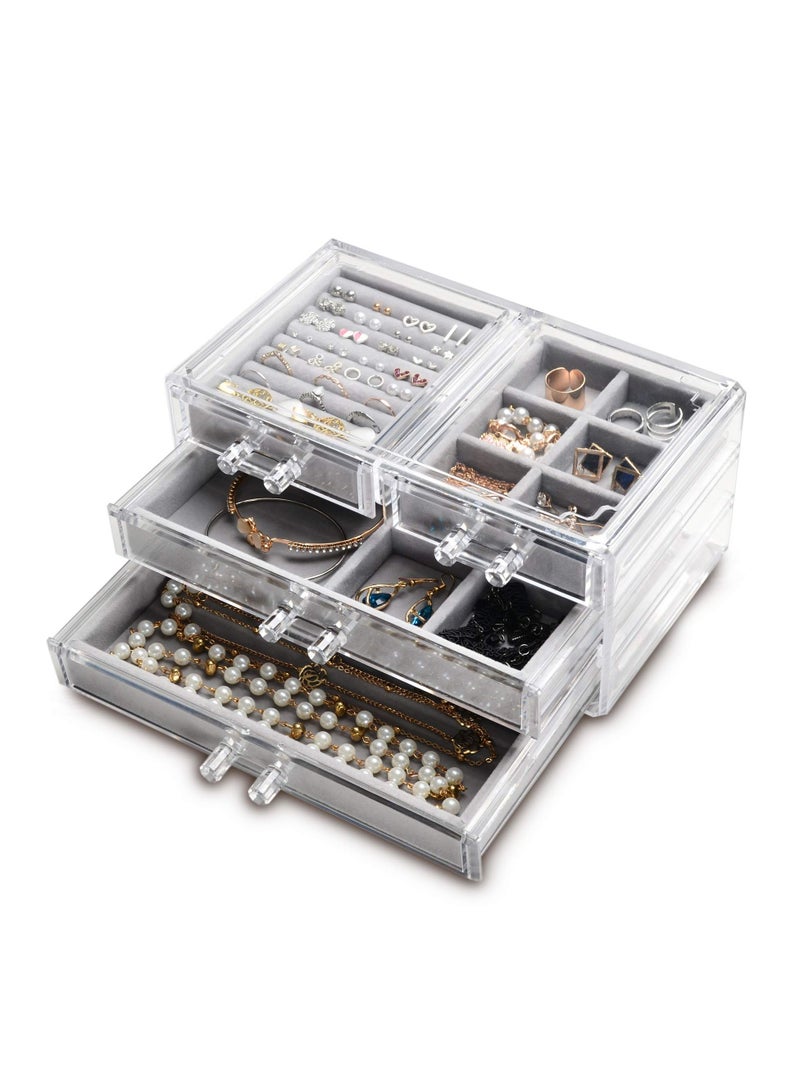 Excefore Acrylic Jewelry Box, 4 Drawers Clear Jewelry Organizer, Velvet Rings Necklaces Earring Bracelets Display Case Stand Holder Tray for Women Girls, Gray - Image 1