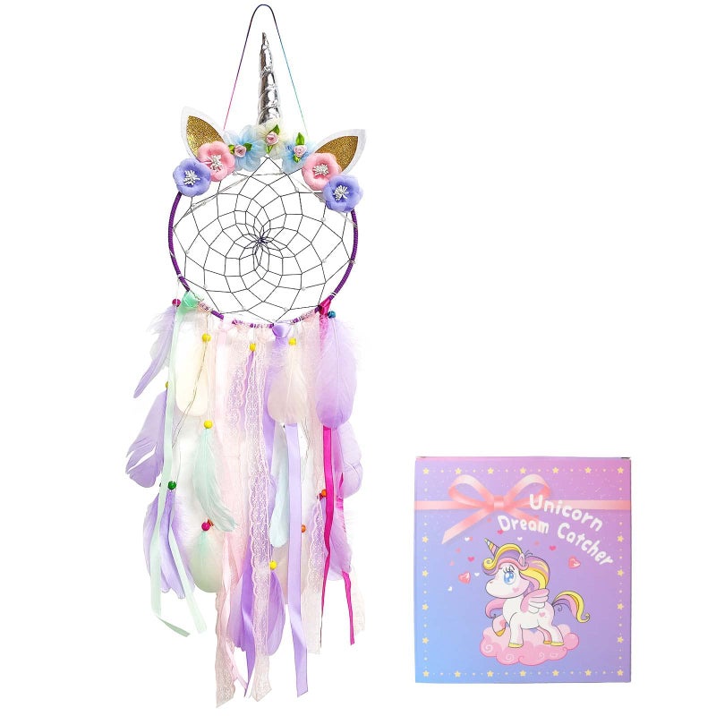LATT LED Lighted Up Unicorn Dream Catcher Wall Decor Colorful Feather Dreamcather Wall Hanging for Girls Kids Bedroom Decoration (Purple with Light) - Image 1