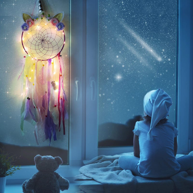 LATT LED Lighted Up Unicorn Dream Catcher Wall Decor Colorful Feather Dreamcather Wall Hanging for Girls Kids Bedroom Decoration (Purple with Light) - Image 3