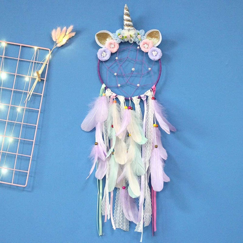 LATT LED Lighted Up Unicorn Dream Catcher Wall Decor Colorful Feather Dreamcather Wall Hanging for Girls Kids Bedroom Decoration (Purple with Light) - Image 5