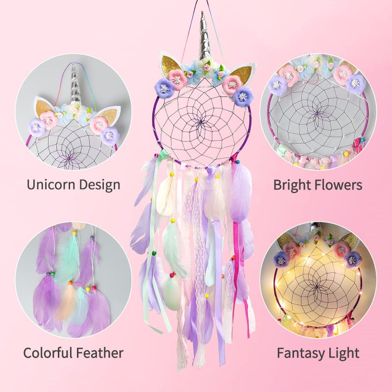 LATT LED Lighted Up Unicorn Dream Catcher Wall Decor Colorful Feather Dreamcather Wall Hanging for Girls Kids Bedroom Decoration (Purple with Light) - Image 2