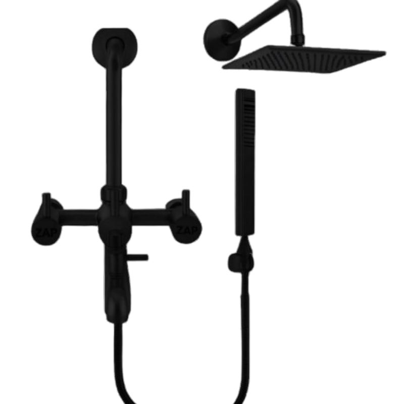 ZAP Elixir 3-in-1 Wall Mixer Tap for Bathroom | Full Brass Body | Matte Black Finish | Rust Resistant Faucet Set with Overhead Shower, Hand Shower & Long Bend Pipe | Stylish Bathroom Fitting - Image 1