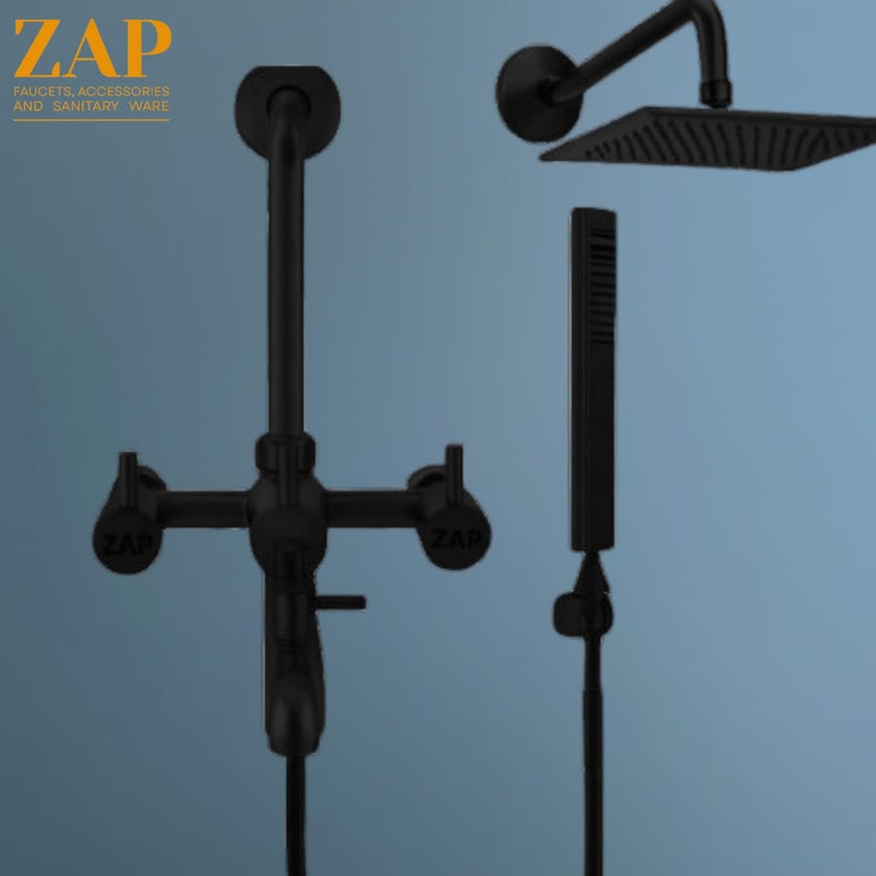 ZAP Elixir 3-in-1 Wall Mixer Tap for Bathroom | Full Brass Body | Matte Black Finish | Rust Resistant Faucet Set with Overhead Shower, Hand Shower & Long Bend Pipe | Stylish Bathroom Fitting - Image 2