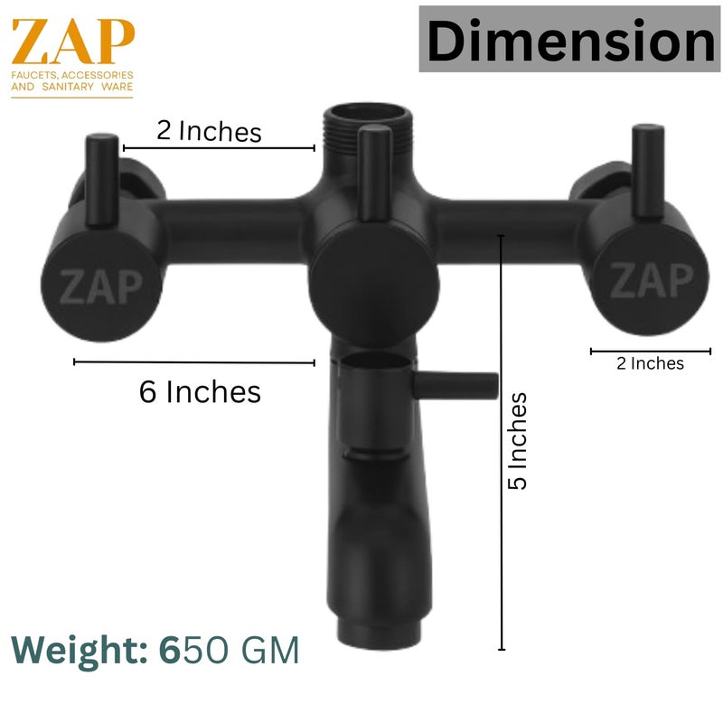ZAP Elixir 3-in-1 Wall Mixer Tap for Bathroom | Full Brass Body | Matte Black Finish | Rust Resistant Faucet Set with Overhead Shower, Hand Shower & Long Bend Pipe | Stylish Bathroom Fitting - Image 3
