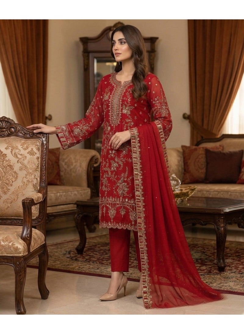 ANAITA بدلة حرير حمراء نصف مخيطة مع تطريز وعمل تسلسل - Image 3