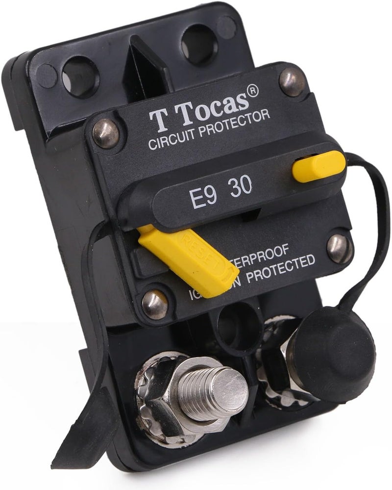 T Tocas E9 3/8" 30 Amp Circuit Breaker with Manual Reset | UL Certified |12V-72V DC for Motor Trolling Vehicles Audio Radio Solar System Protection Waterproof IP67 - Image 1