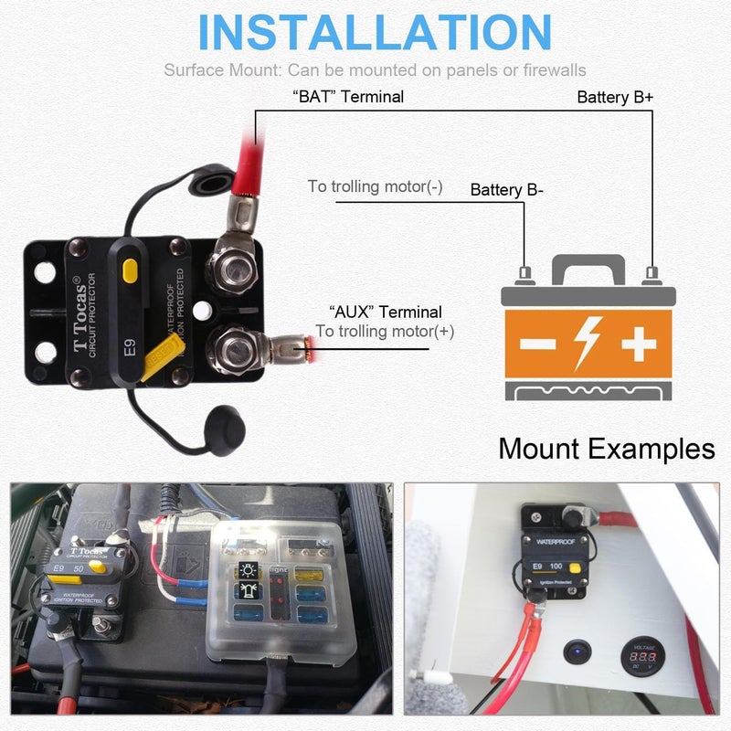 T Tocas E9 3/8" 30 Amp Circuit Breaker with Manual Reset | UL Certified |12V-72V DC for Motor Trolling Vehicles Audio Radio Solar System Protection Waterproof IP67 - Image 4