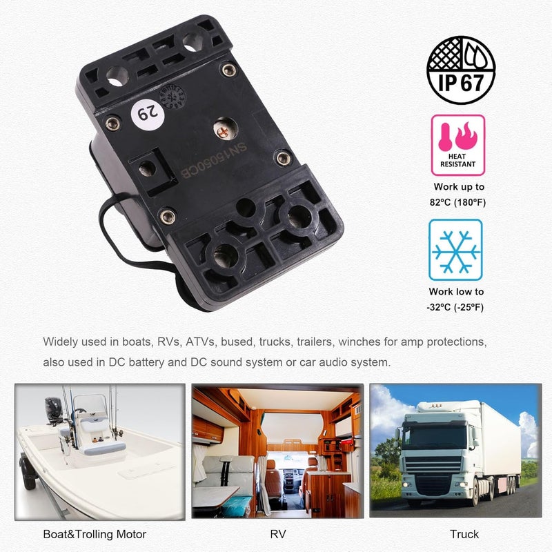 T Tocas E9 3/8" 30 Amp Circuit Breaker with Manual Reset | UL Certified |12V-72V DC for Motor Trolling Vehicles Audio Radio Solar System Protection Waterproof IP67 - Image 5
