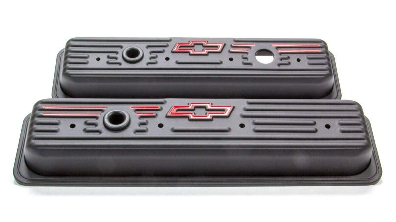ProForm Valve Cover, Short, Baffled, Breather Hole, Bowtie Logo, Steel, Black Crinkle, Center Bolt, Small Block Chevy, Pair - Image 2