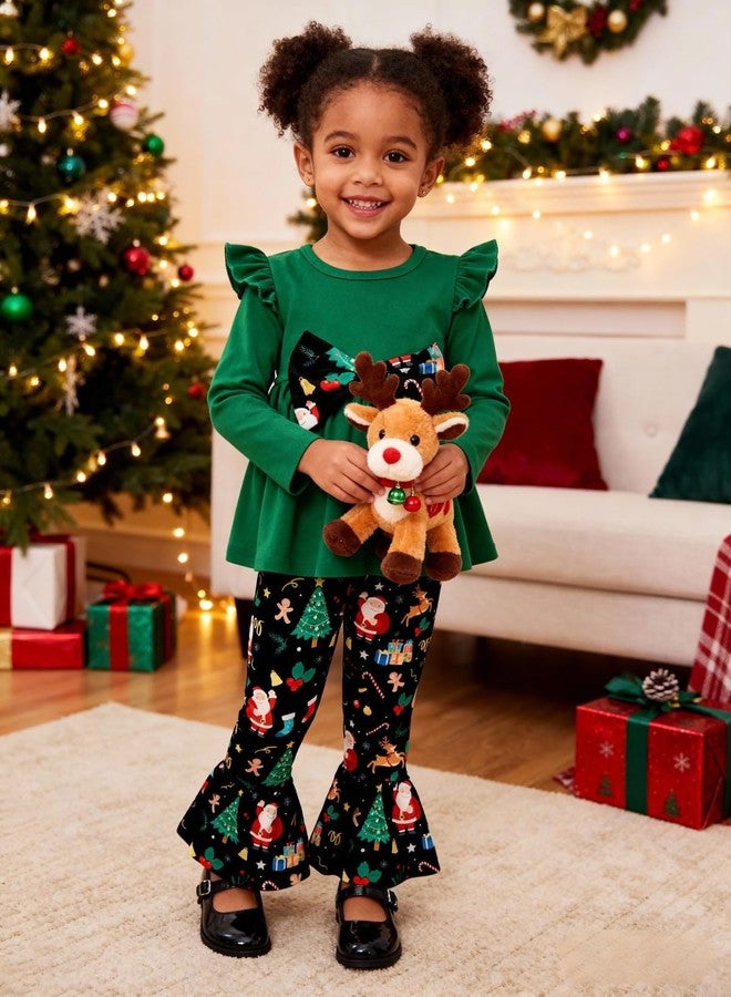 إيشو طقم ملابس عيد الميلاد للبنات الصغيرات من إيشو، يتضمن بلوزة بأكمام طويلة مكشكشة وفيونكة وبنطال واسع مطبوع عليه رسومات. - Image 5