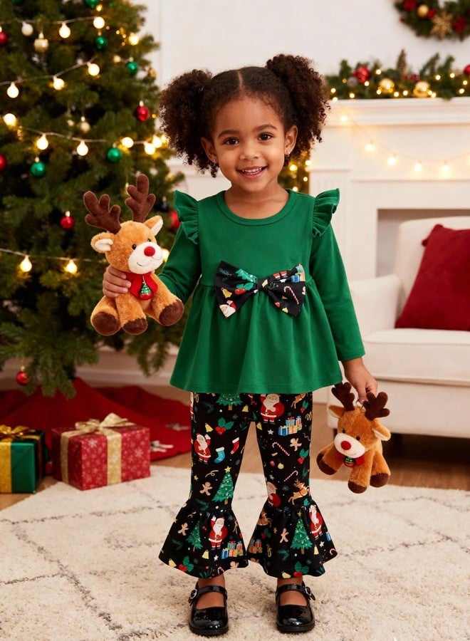 إيشو طقم ملابس عيد الميلاد للبنات الصغيرات من إيشو، يتضمن بلوزة بأكمام طويلة مكشكشة وفيونكة وبنطال واسع مطبوع عليه رسومات. - Image 3