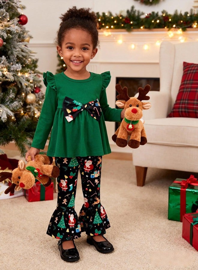 إيشو طقم ملابس عيد الميلاد للبنات الصغيرات من إيشو، يتضمن بلوزة بأكمام طويلة مكشكشة وفيونكة وبنطال واسع مطبوع عليه رسومات. - Image 2