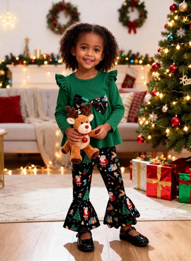 إيشو طقم ملابس عيد الميلاد للبنات الصغيرات من إيشو، يتضمن بلوزة بأكمام طويلة مكشكشة وفيونكة وبنطال واسع مطبوع عليه رسومات. - Image 4