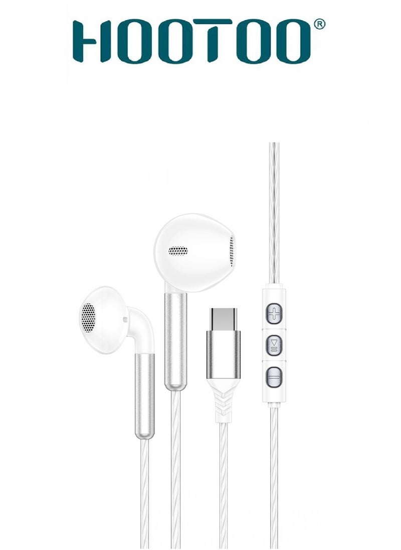 HooToo Type-C wired headphones, high-definition, powerful headphones with a clear and pure microphone, 1-meter headphones, equipped with buttons to lower and raise the volume and stop, headphones compatible with iPhone, Samsung, Huawei, Xiaomi and other devices. White  - Image 1