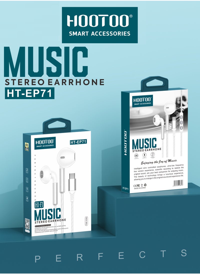 HooToo Type-C wired headphones, high-definition, powerful headphones with a clear and pure microphone, 1-meter headphones, equipped with buttons to lower and raise the volume and stop, headphones compatible with iPhone, Samsung, Huawei, Xiaomi and other devices. White  - Image 2