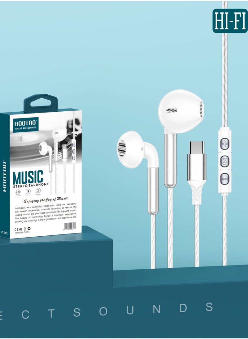HooToo Type-C wired headphones, high-definition, powerful headphones with a clear and pure microphone, 1-meter headphones, equipped with buttons to lower and raise the volume and stop, headphones compatible with iPhone, Samsung, Huawei, Xiaomi and other devices. White  - Image 3