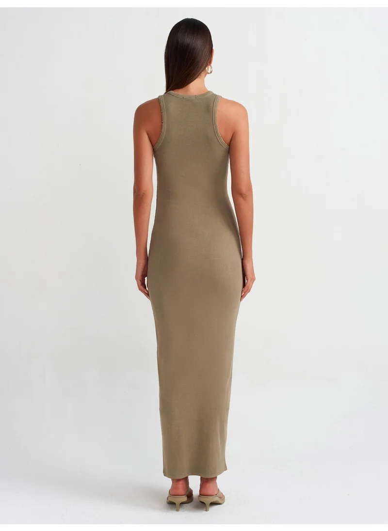 Dilvin 90805 Wash Effect Midi Dress-Khaki